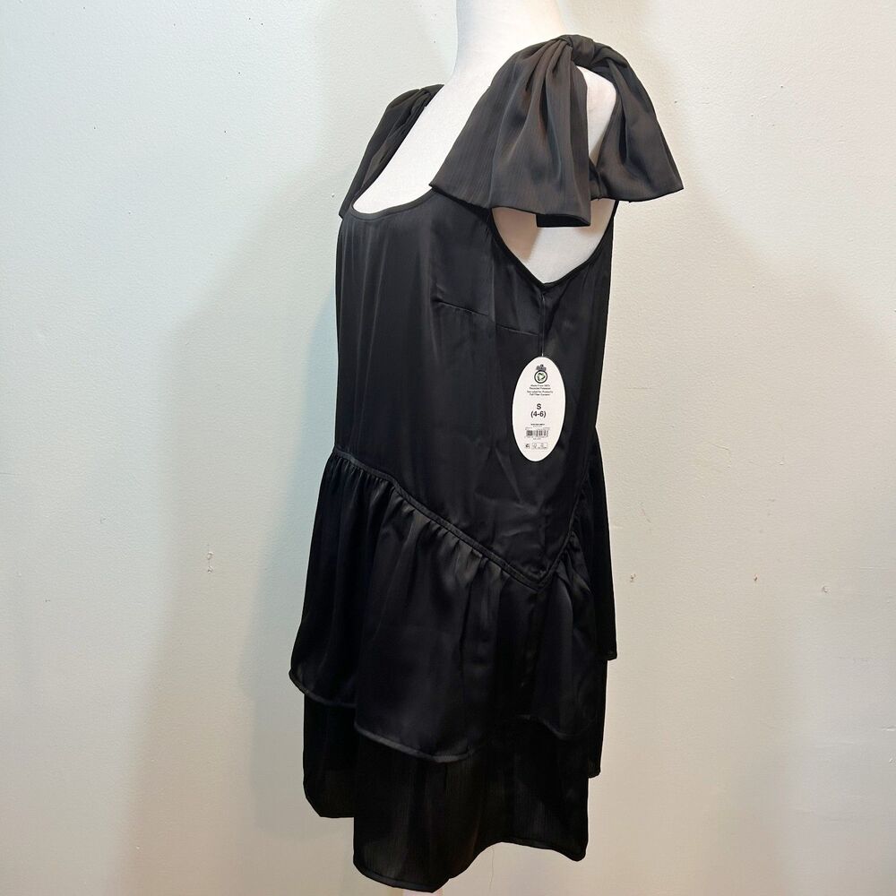 Scoop Black Satin Shoulder Bow Tiered Mini Dress Size Small 4-6 Dark Coquette